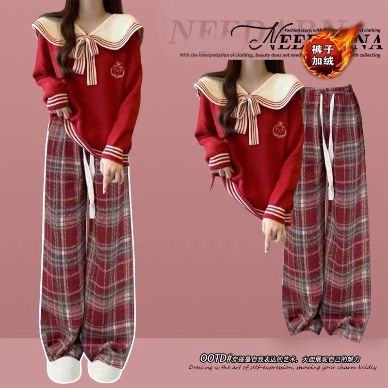 过年套装圣诞红色毛衣女拜年服大童新年本命年针织衫阔腿裤两件套,童装/婴儿装/亲子装,套装,淘宝优惠券,粉丝福利购,淘宝优惠卷