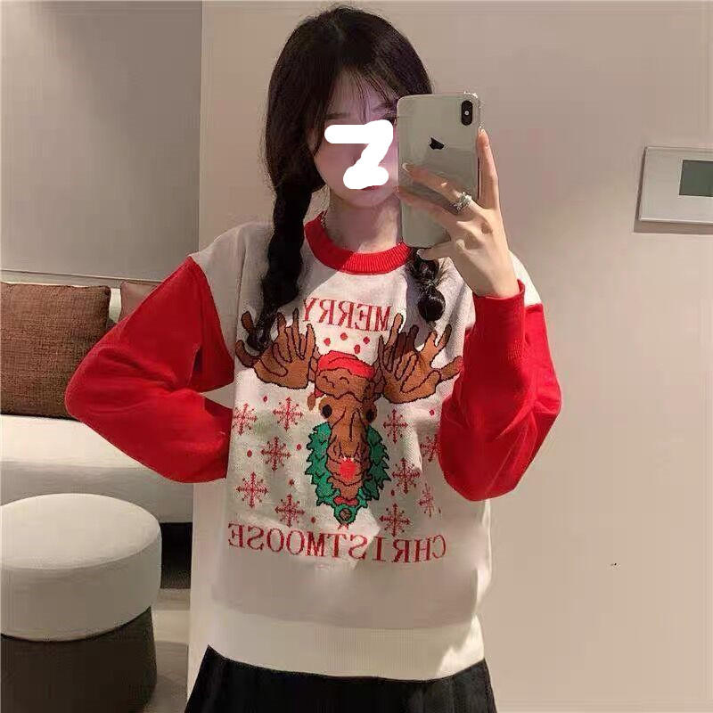 圣诞节红色毛衣女秋冬季新年复古网红麋鹿针织衫洋气少女过年衣服