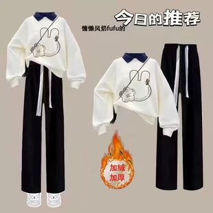 初中少女加绒加厚polo卫衣套装学生衣服搭配秋冬季女孩中大童冬装