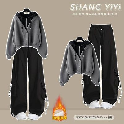 学院风中大童加绒假两件卫衣套装