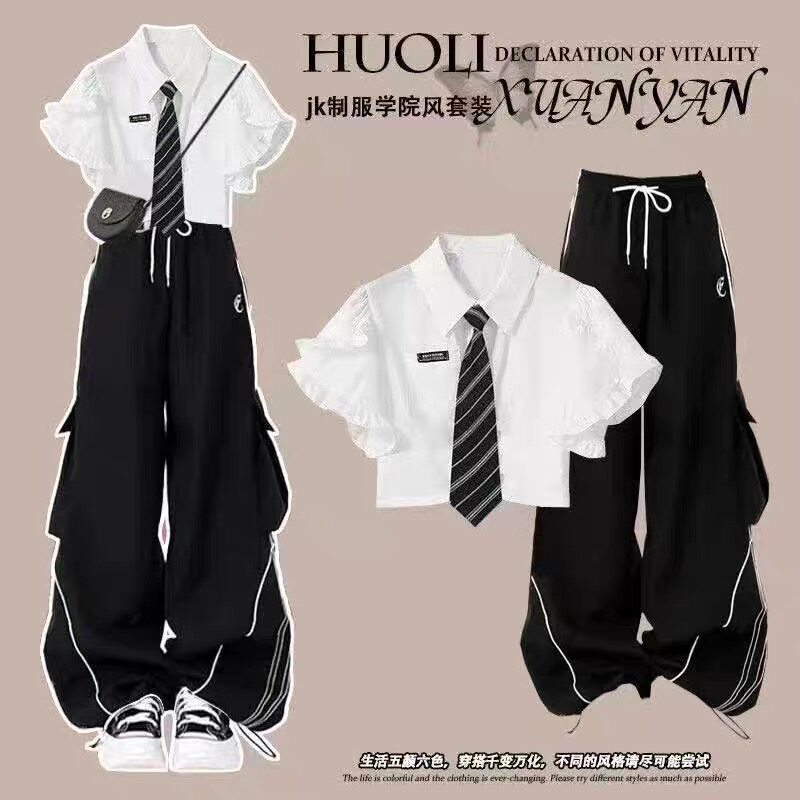 女童夏季jk制服学生套装2026韩版学院风衬衫中大童工装裤两件套潮