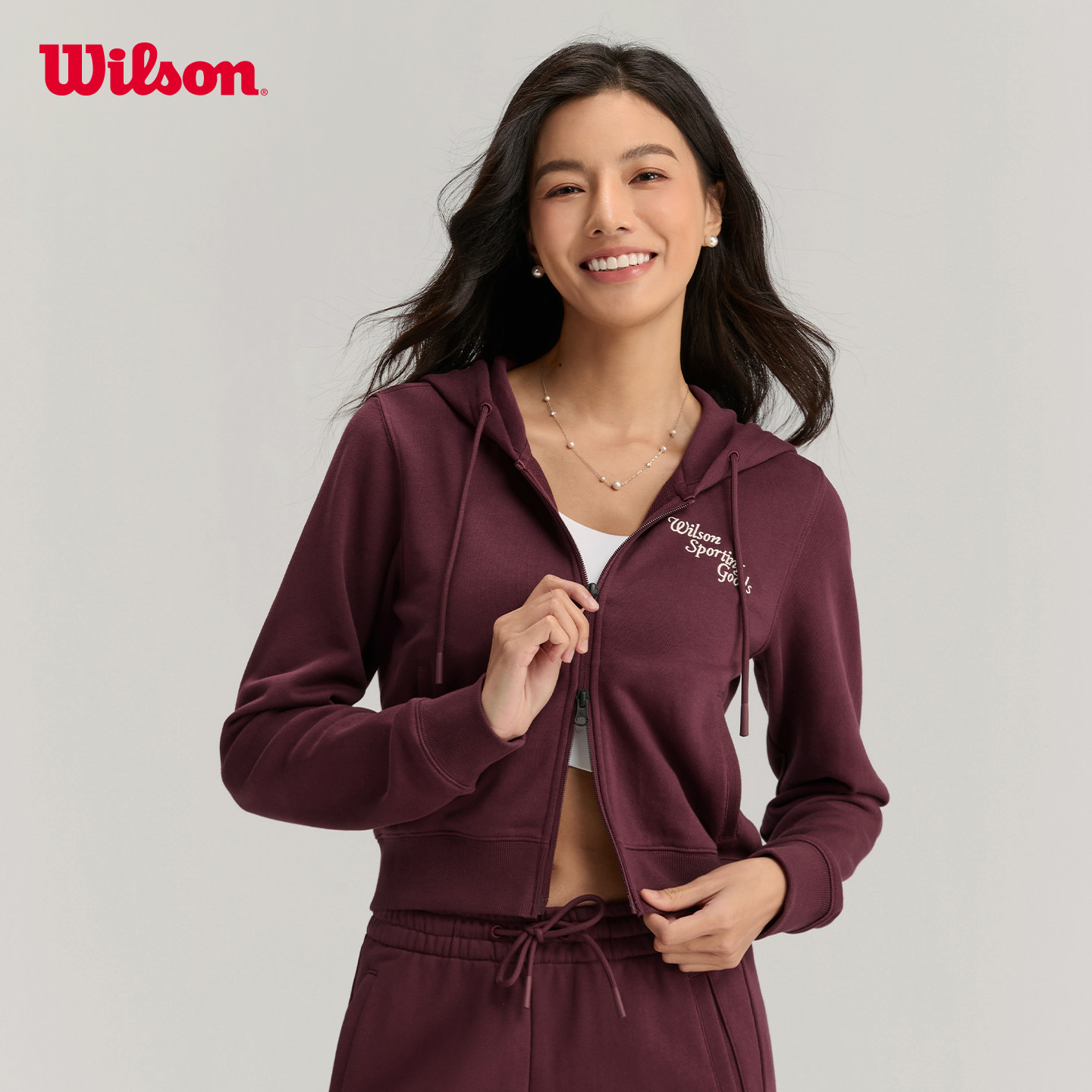 Wilson威尔胜秋季女士复古连帽修身短款拉链百搭针织卫衣外套
