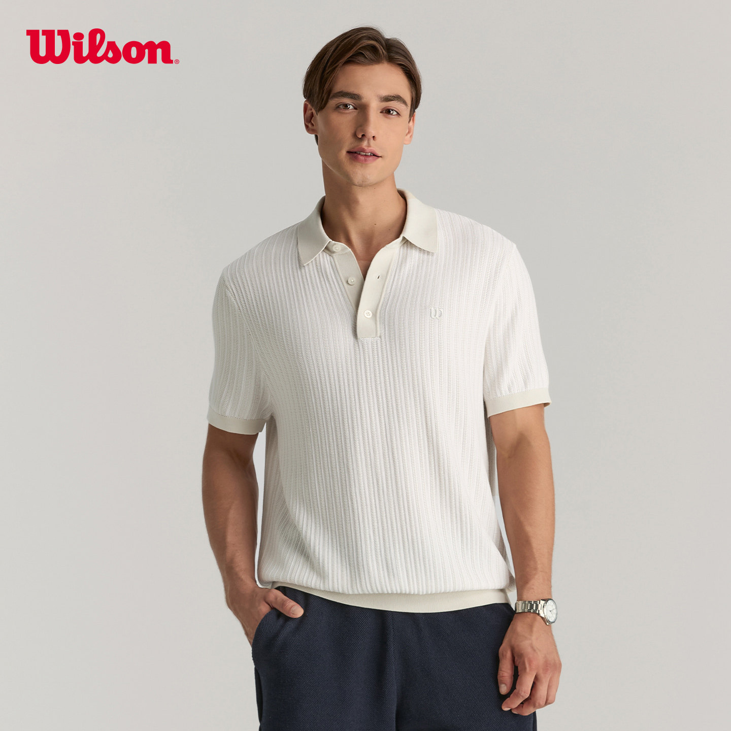 Wilson威尔胜夏季男士宽松毛织工艺翻领网球运动百搭短袖POLO衫