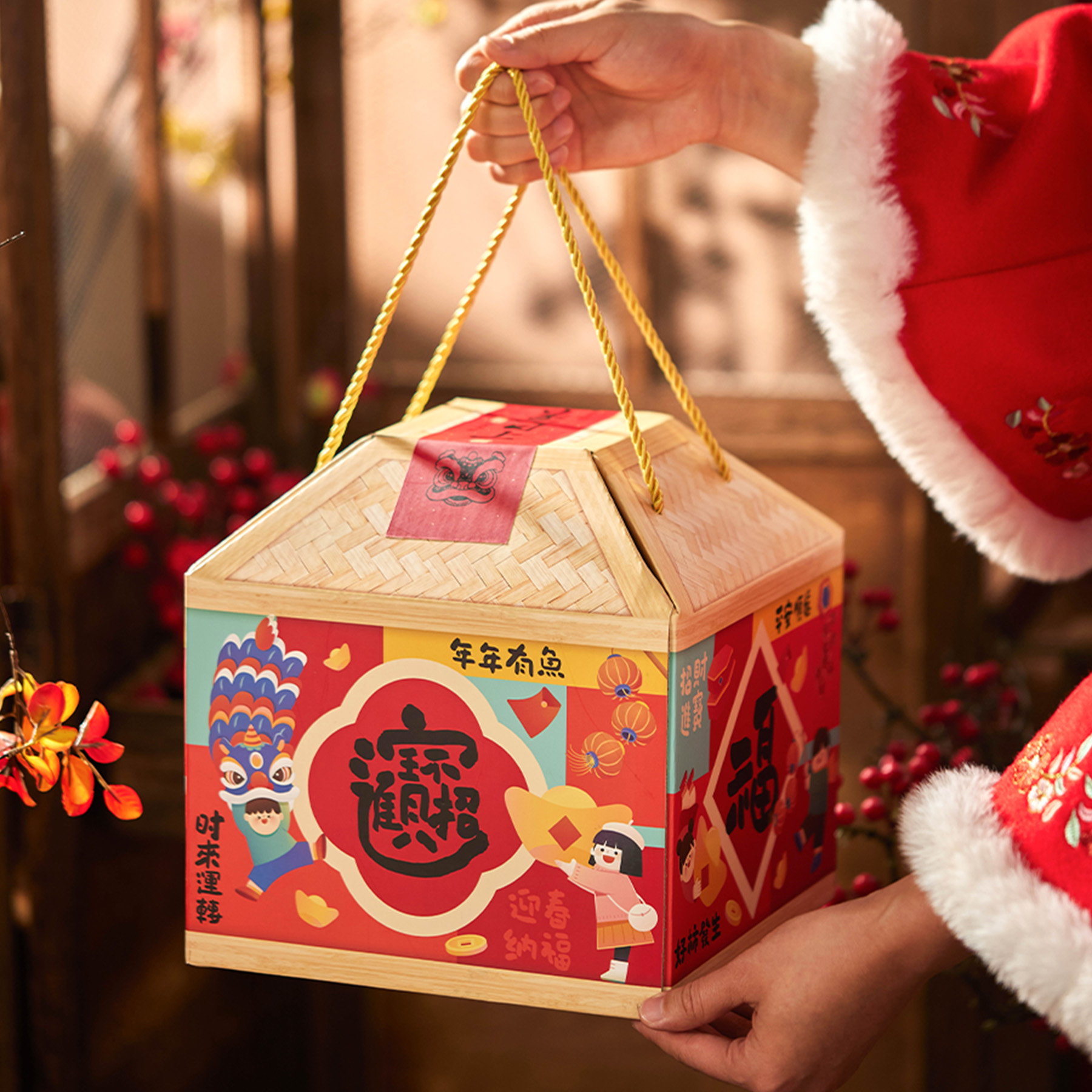 2026新年大号年货瓦楞盒屋型盒招财纳福国风仿竹纹特产腊肠包装盒