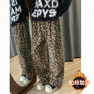 复古炸街做旧羊羔绒豹纹直筒阔腿裤休闲裤男女情侣同款 D598/P60图片