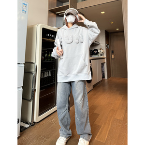 美式高街字母连帽卫衣男女秋冬3D立体情侣潮帽衫外套W12/P85