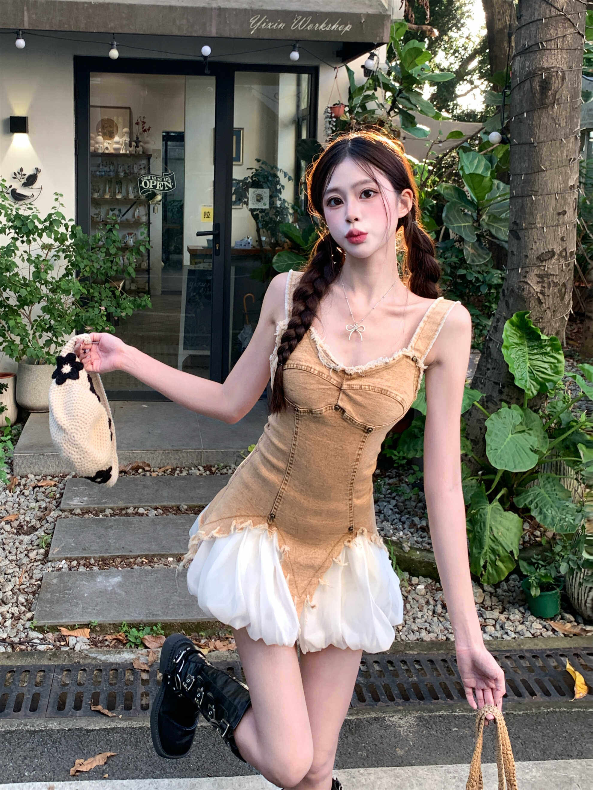 实拍实价辣妹毛边收腰牛仔吊带背心低腰花苞半身裙短裙子两件套装