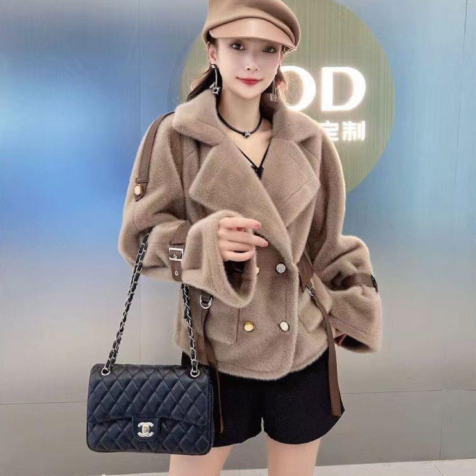 仿水貂绒外套女2025新款欧货翻领短款仿皮草毛毛大衣西服领外衣