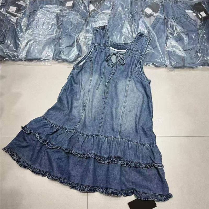 水home复古甜辣风蓝色牛仔无连衣裙