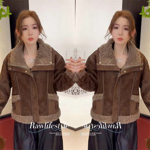 3208秋冬复古简约风皮毛一体气质短外套女加绒加厚翻毛领夹克棕色
