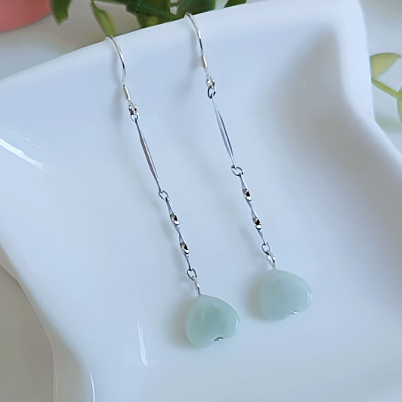 正品天然缅甸翡翠爱心形流苏长款耳环心心相印耳饰玉耳坠