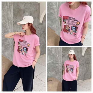 新款 衫 时尚 T恤欧洲站百搭宽松女上衣圆领半袖 卡通休闲短袖 女装