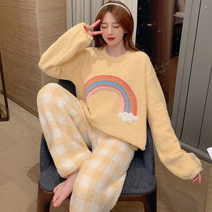 日本半边绒彩虹睡衣女冬珊瑚绒可爱女生冬季 加厚可外穿家居服套装