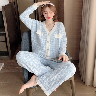 日本睡衣女秋冬珊瑚绒千鸟格小香风加绒加厚可外穿软绵绵家居服