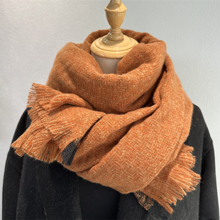 冬季美拉德色系暖橘调围巾女拼色包边纯色韩版针织围巾披肩两用