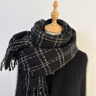 秋冬黑色小香风仿羊绒流苏围巾！温柔奶白色小香格子保暖围脖女潮