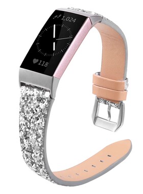 适用Fitbit Charge6/5亮片闪光手表带 Charge4/3特色女生真皮腕带