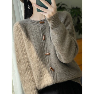 濮院产2025新款羊绒开衫女秋冬加厚100%纯羊毛衫宽松圆领针织毛衣