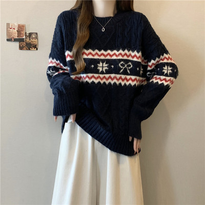 慵懒风麻花套头费尔岛毛衣女秋冬大码胖mm宽松遮肉显瘦针织衫上衣