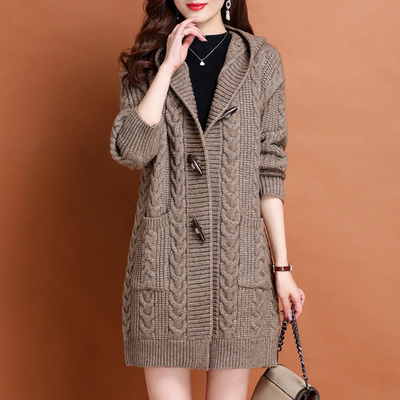 羊毛连帽中长款开衫女2025秋冬新款宽松大码加厚羊绒外穿毛衣外套