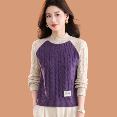 秋冬爆款半高领羊毛打底衫女洋气撞色短款配裙子麻花毛衣2025新款