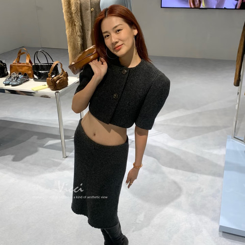 富家千金风呢子大衣短款外套女秋冬季中低腰半身裙miu系套装2025