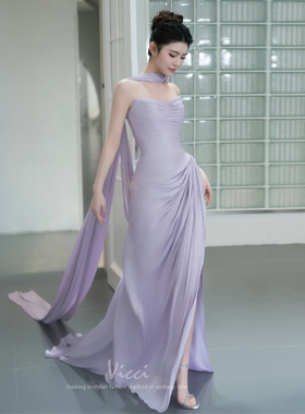 紫色飘带抹胸性感晚礼服裙主持人年会生日宴会高级感褶皱轻奢长裙