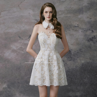 法式 重工水溶刺绣蕾丝连衣裙千金风透视性感网纱露肩礼服裙女2026