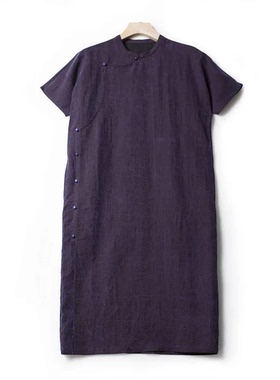 龟裂纹香云纱新中式紫色改良旗袍连衣裙LSQ234710