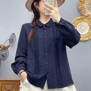 女上衣百搭86281 衬衣气质开衫 双层棉纱刺绣减龄衬衫 2026春秋长袖