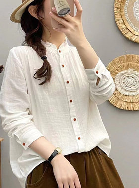 2025春秋新款花边领长袖衬衫时尚减龄棉纱衬衣百搭宽松大码女8394