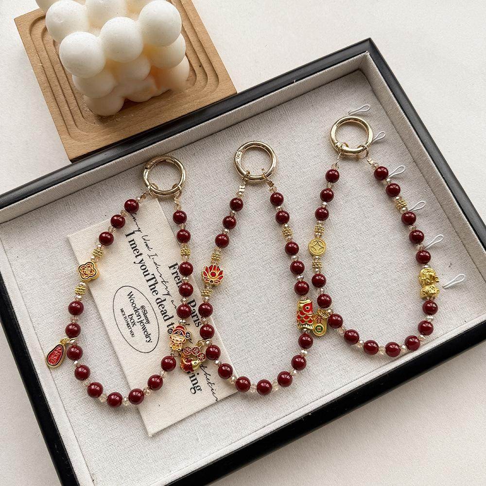 新年财神爷国风仿朱砂红珠子手机链年年有余貔貅新中式汽车钥匙扣