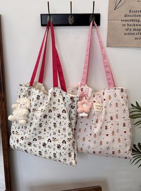 可爱甜美印花小狗双层帆布袋夏日新款大容量休闲手提单肩包