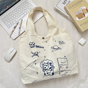 特价  帆布印花款登月牛单肩包学生女生书包大容量帆布包背心包