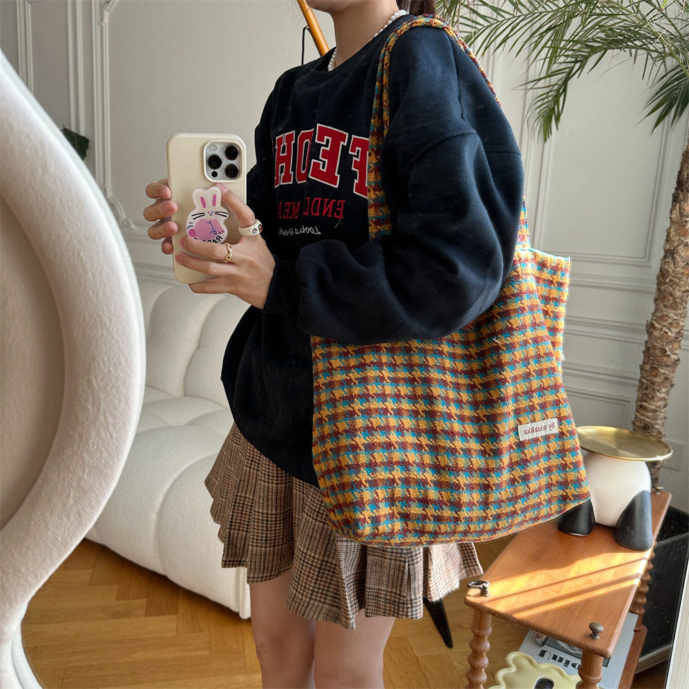 韩风ins帆布包女毛呢小千鸟格单肩包大容量休闲逛街托特包,箱包皮具/热销女包/男包,托特包,淘宝优惠券,粉丝福利购,淘宝优惠卷