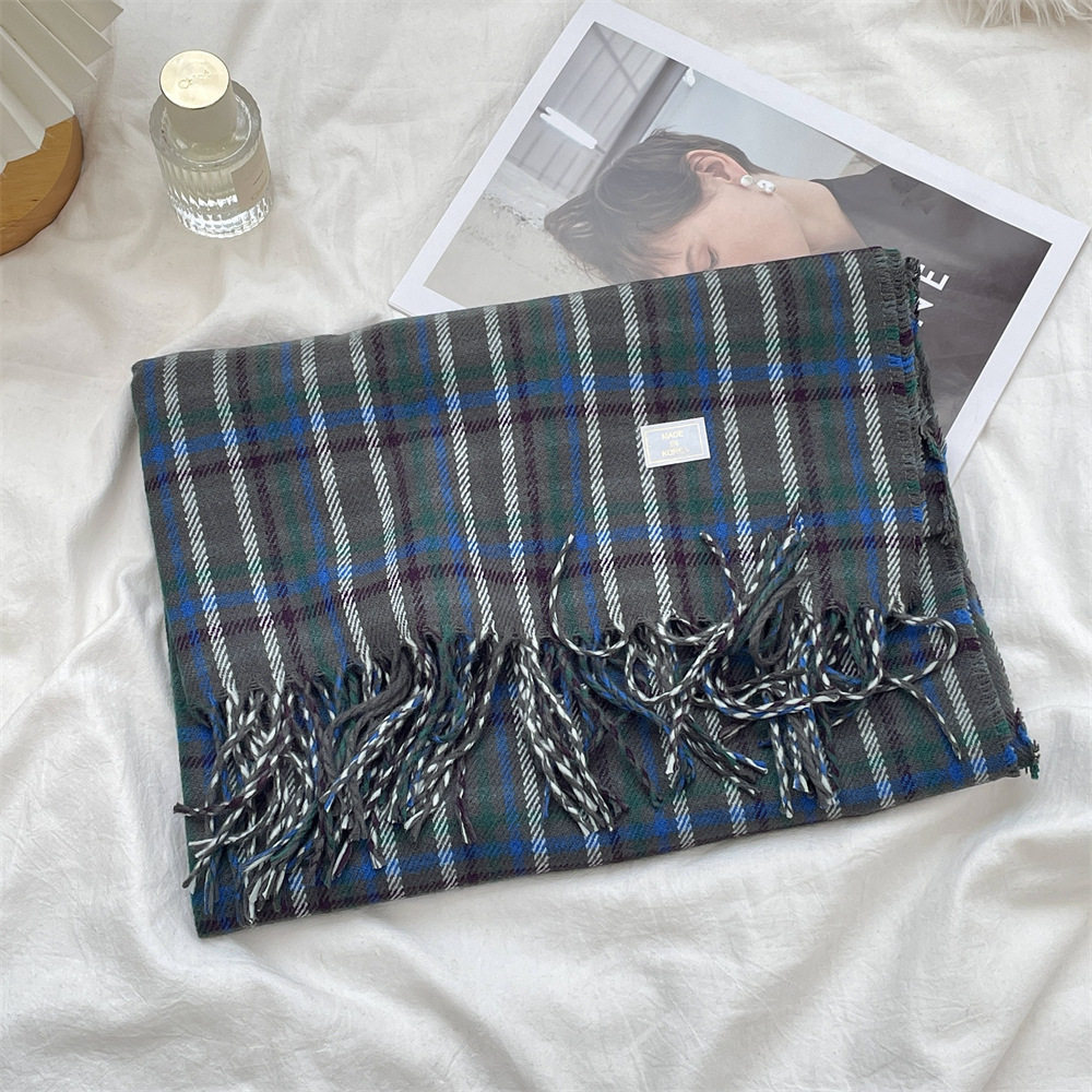 冬季保暖流苏格子韩系围巾灰蓝色情侣围脖骑车防风百搭款