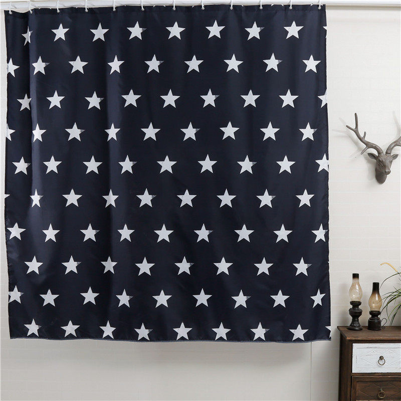 美式藏蓝复古破碎星防水浴帘套装免打孔防霉浴布遮挡卫生间