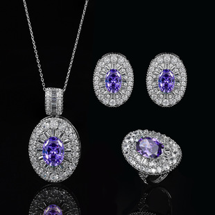 亚马逊新款跨境奢华彩宝套装镶嵌锆石项链浮夸奢华设计感戒指