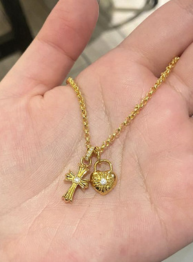 小红书爆款十字架心形项链中古风Vintage金色爱心DIY精致锁骨链女
