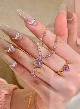 小红书爆款九紫离火紫钻超仙项链女时尚奢品紫色方形锆石流苏吊坠