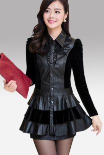 修身 韩版 PU皮打底衫 金丝绒上衣长袖 显瘦连衣裙潮 中长款 2021秋冬装