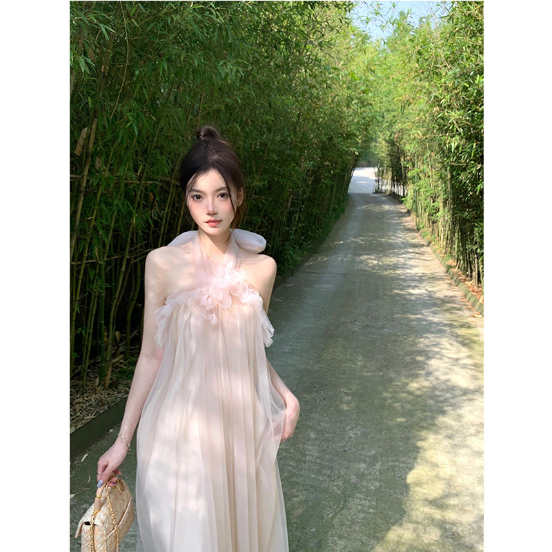 外贸剪标新中式挂脖连衣裙晨袍高端精致气质粉色绑带露背无袖网纱
