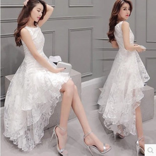 公主裙成人欧根纱礼服夏白色甜美韩版蓬蓬裙燕尾裙前短后长连衣裙