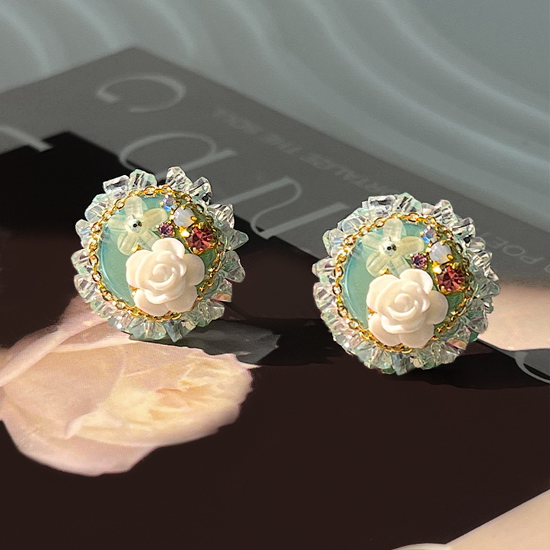 原创设计绿色玫瑰少女水晶耳饰