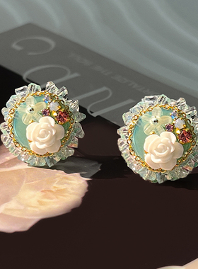 rose~原创设计绿色玫瑰复古耳钉轻奢高级感田园少女贵气水晶耳饰