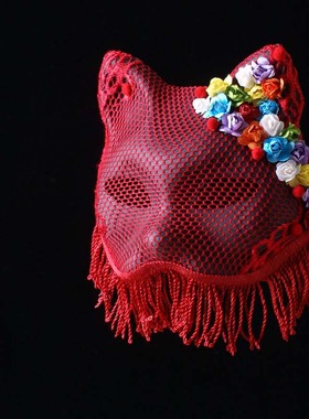 万圣节舞会成人猫全脸红色流苏面具舞台唱歌日本和风狐狸猫假面罩