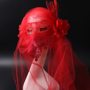 大红色全脸面纱美女夸张面具蒙面歌王舞台演出蒙面唱将唱歌假面