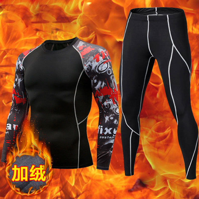 长袖加绒紧身衣运动套装男保暖速干跑步健身服蓝球训练长袖三件套