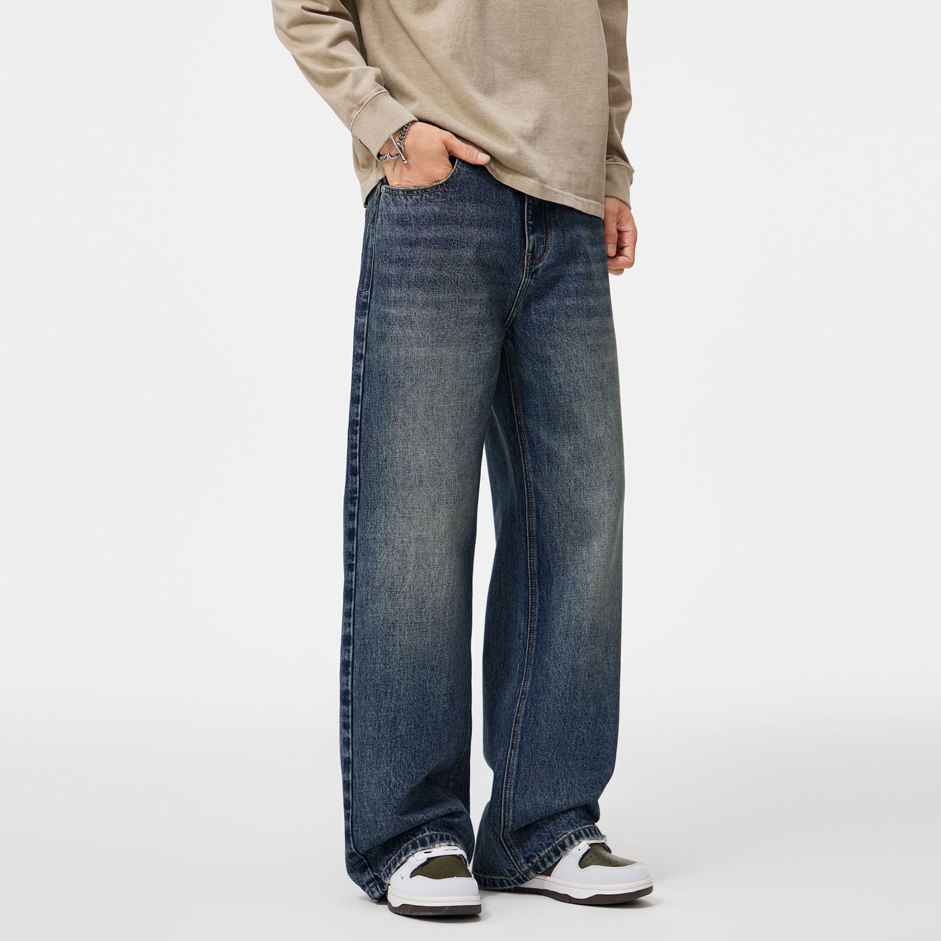 秋季新款美式复古牛仔裤男宽松直筒cleanfit阔腿长裤子