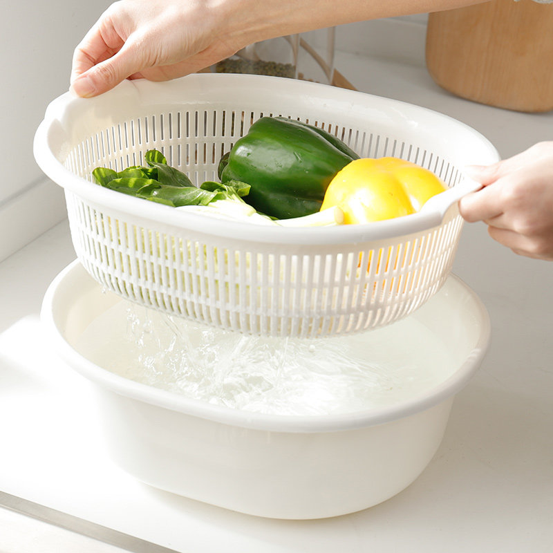 正品日本进口厨房双层塑料沥水篮洗菜盆碗碟果蔬清洗篮收纳筐套装